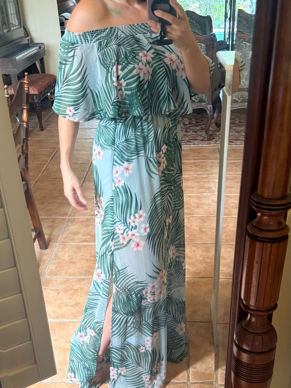 Show Me Your MuMu Off-Shoulder Tropical Maxi Dress in Light Blue and Green